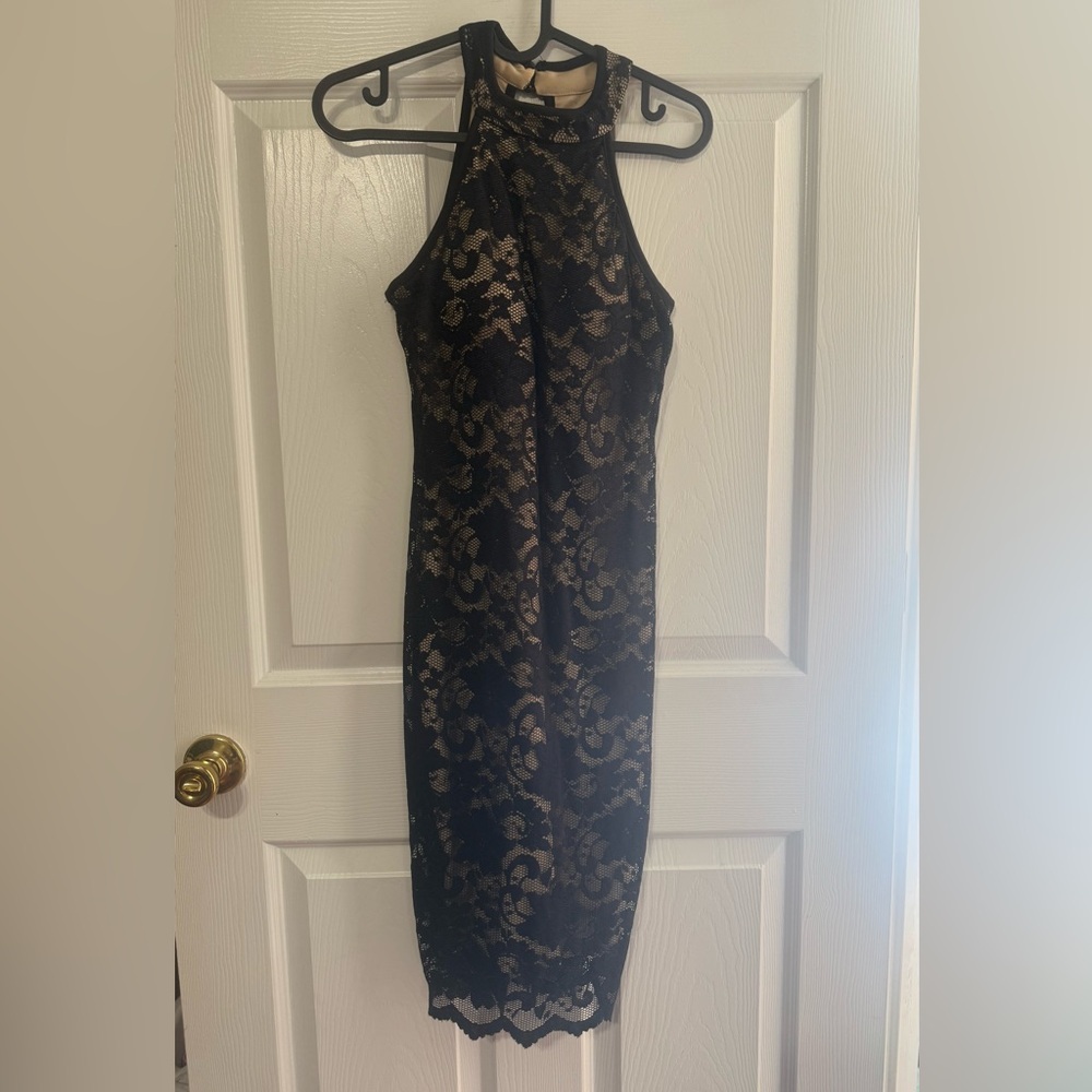 Elegant Black Lace Dress with tan slip